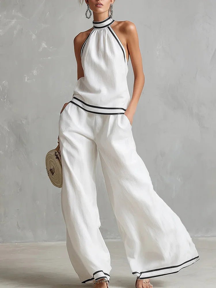 Womens Striped Patchwork Halterneck Sleeveless Wide-Leg Pants Set | Luxury Home Accessories | Heulog Glow