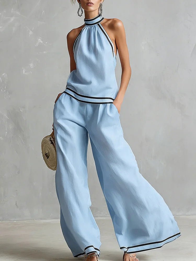 Womens Striped Patchwork Halterneck Sleeveless Wide-Leg Pants Set | Luxury Home Accessories | Heulog Glow