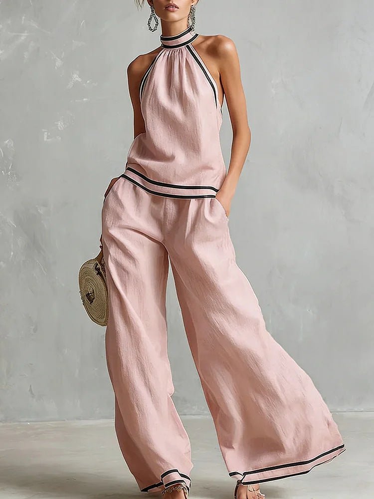 Womens Striped Patchwork Halterneck Sleeveless Wide-Leg Pants Set | Luxury Home Accessories | Heulog Glow