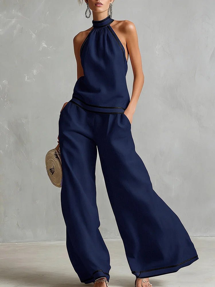 Womens Striped Patchwork Halterneck Sleeveless Wide-Leg Pants Set | Luxury Home Accessories | Heulog Glow