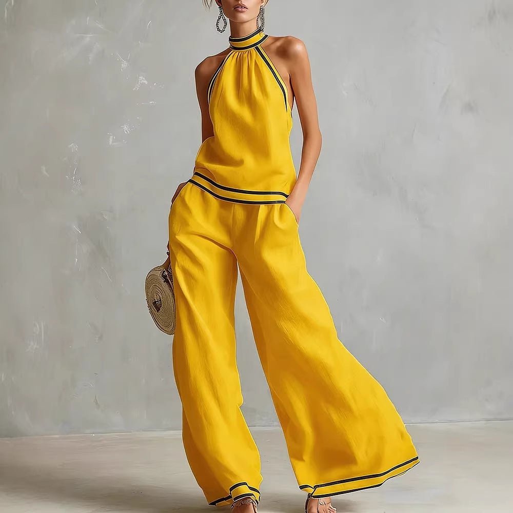 Womens Striped Patchwork Halterneck Sleeveless Wide-Leg Pants Set | Luxury Home Accessories | Heulog Glow