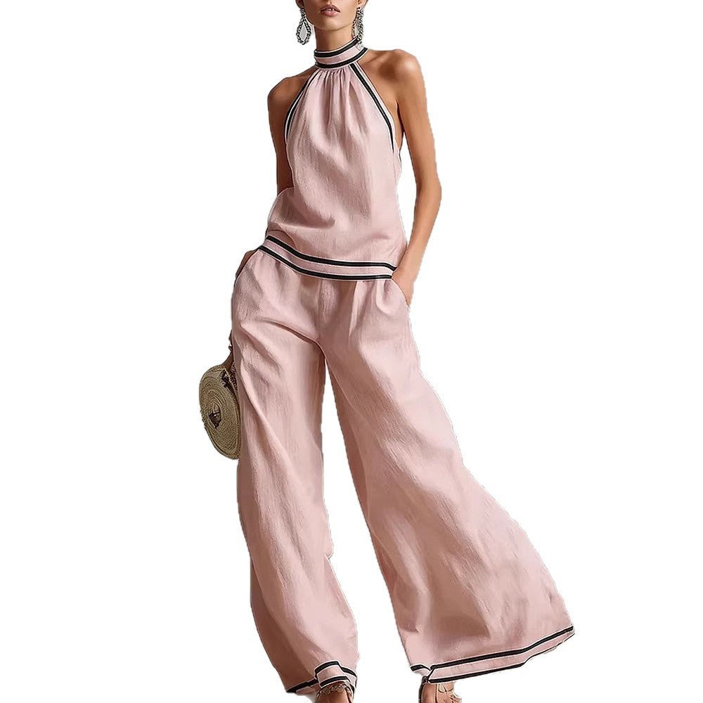 Womens Striped Patchwork Halterneck Sleeveless Wide-Leg Pants Set | Luxury Home Accessories | Heulog Glow