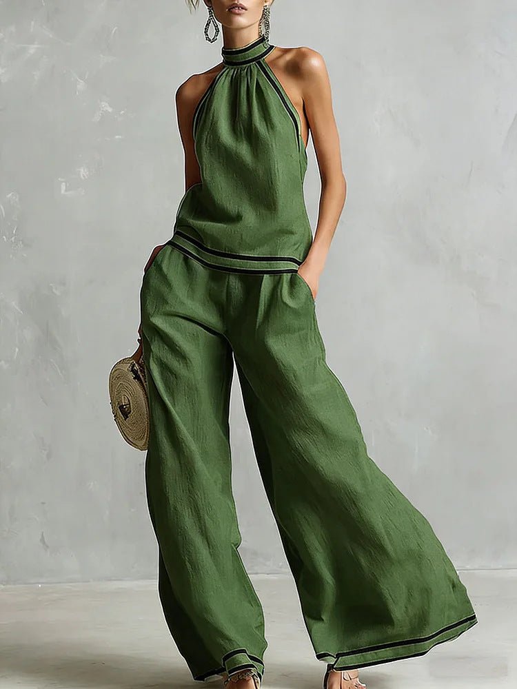 Womens Striped Patchwork Halterneck Sleeveless Wide-Leg Pants Set | Luxury Home Accessories | Heulog Glow
