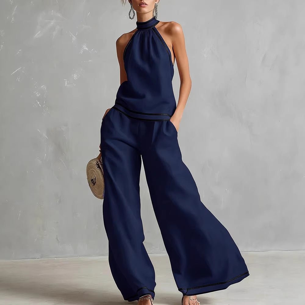 Womens Striped Patchwork Halterneck Sleeveless Wide-Leg Pants Set | Luxury Home Accessories | Heulog Glow