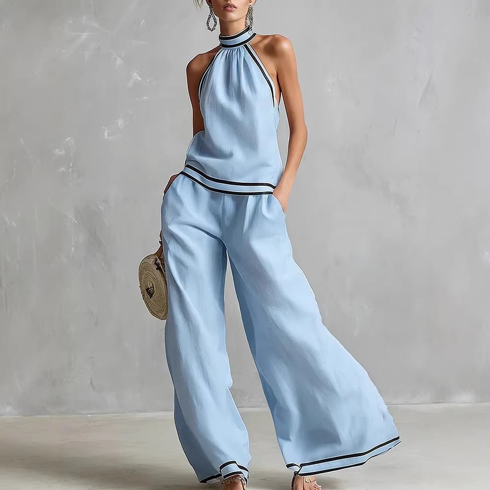 Womens Striped Patchwork Halterneck Sleeveless Wide-Leg Pants Set | Luxury Home Accessories | Heulog Glow