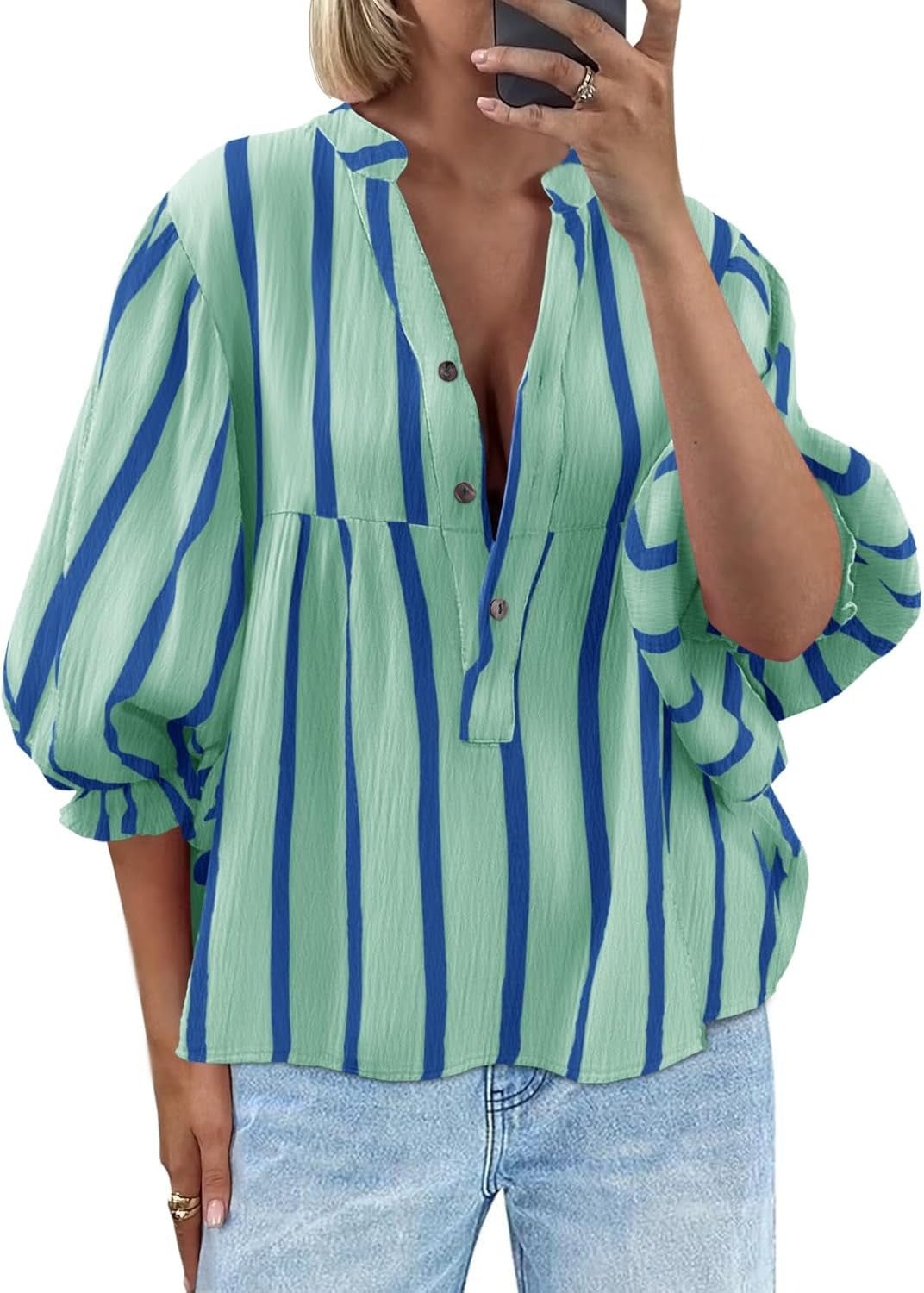 Women's Striped Puff Sleeve Pullover Top | Loose Fit Casual Shirt | Luxury Home Accessories | Heulog Glow