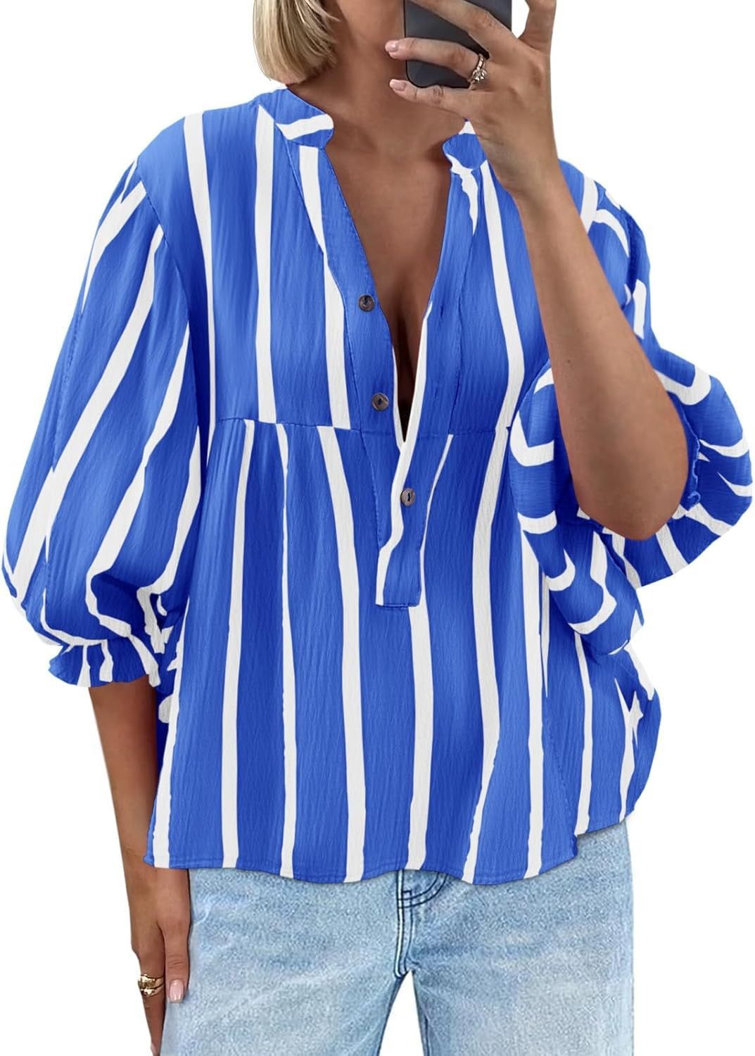 Women's Striped Puff Sleeve Pullover Top | Loose Fit Casual Shirt | Luxury Home Accessories | Heulog Glow
