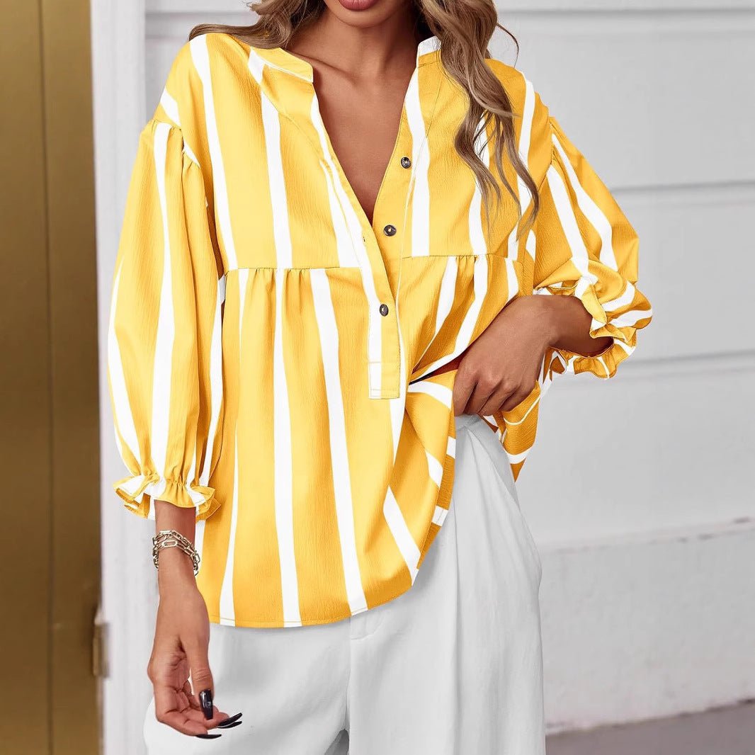 Women's Striped Puff Sleeve Pullover Top | Loose Fit Casual Shirt | Luxury Home Accessories | Heulog Glow