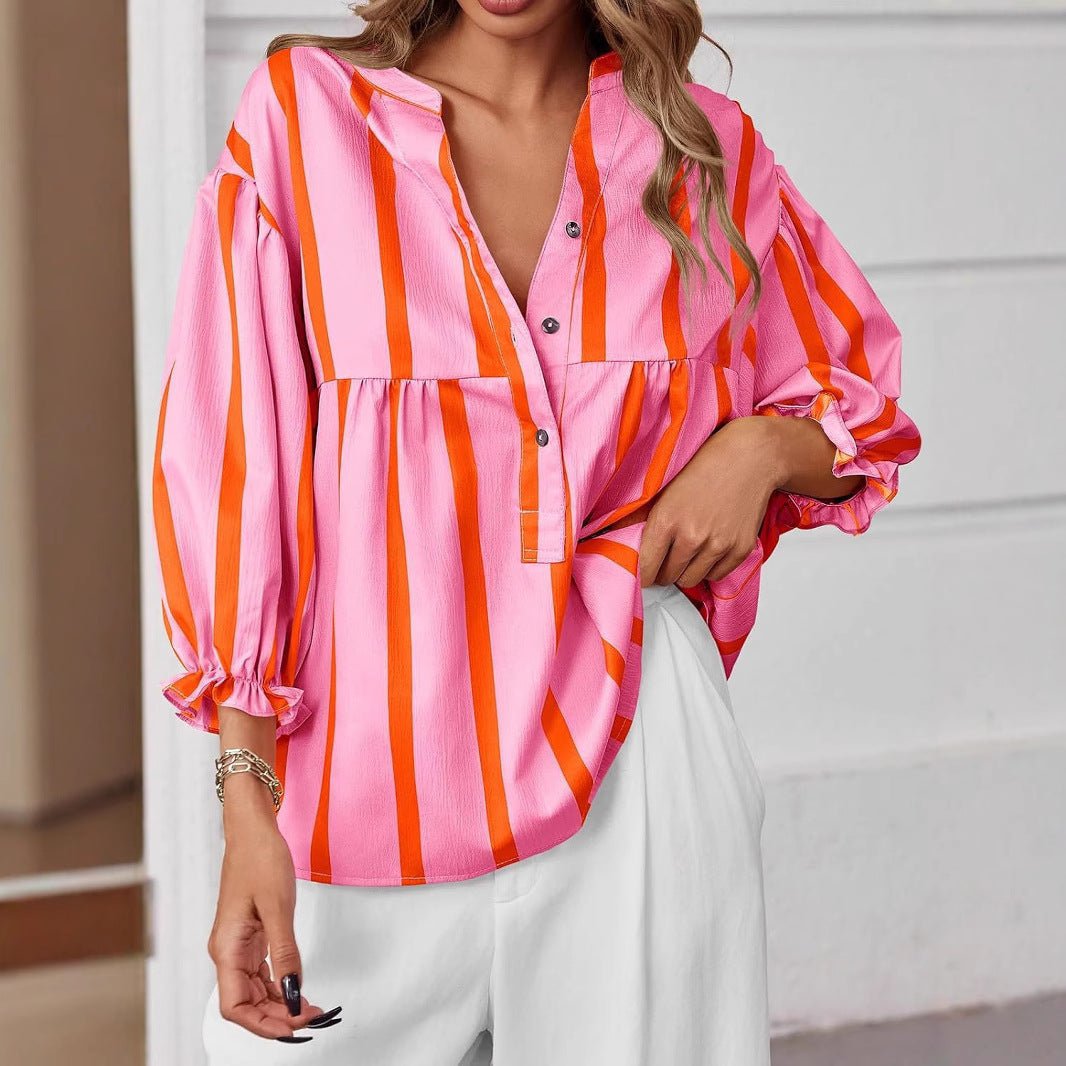 Women's Striped Puff Sleeve Pullover Top | Loose Fit Casual Shirt | Luxury Home Accessories | Heulog Glow