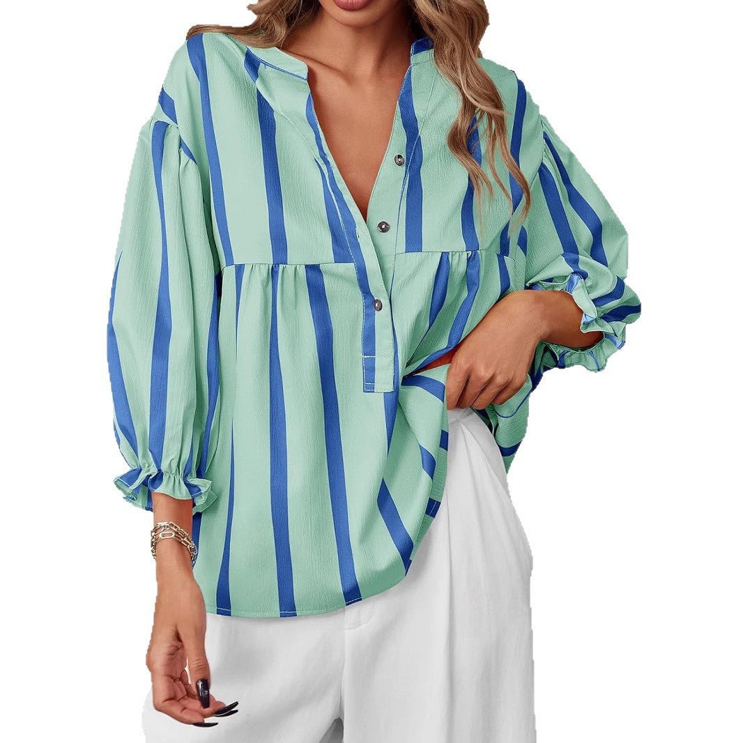 Women's Striped Puff Sleeve Pullover Top | Loose Fit Casual Shirt | Luxury Home Accessories | Heulog Glow