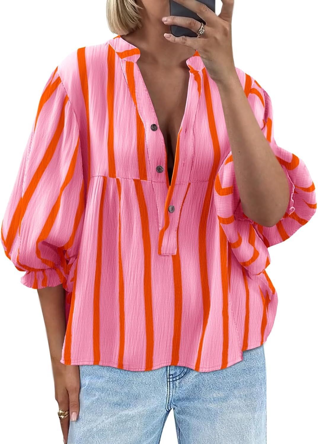 Women's Striped Puff Sleeve Pullover Top | Loose Fit Casual Shirt | Luxury Home Accessories | Heulog Glow
