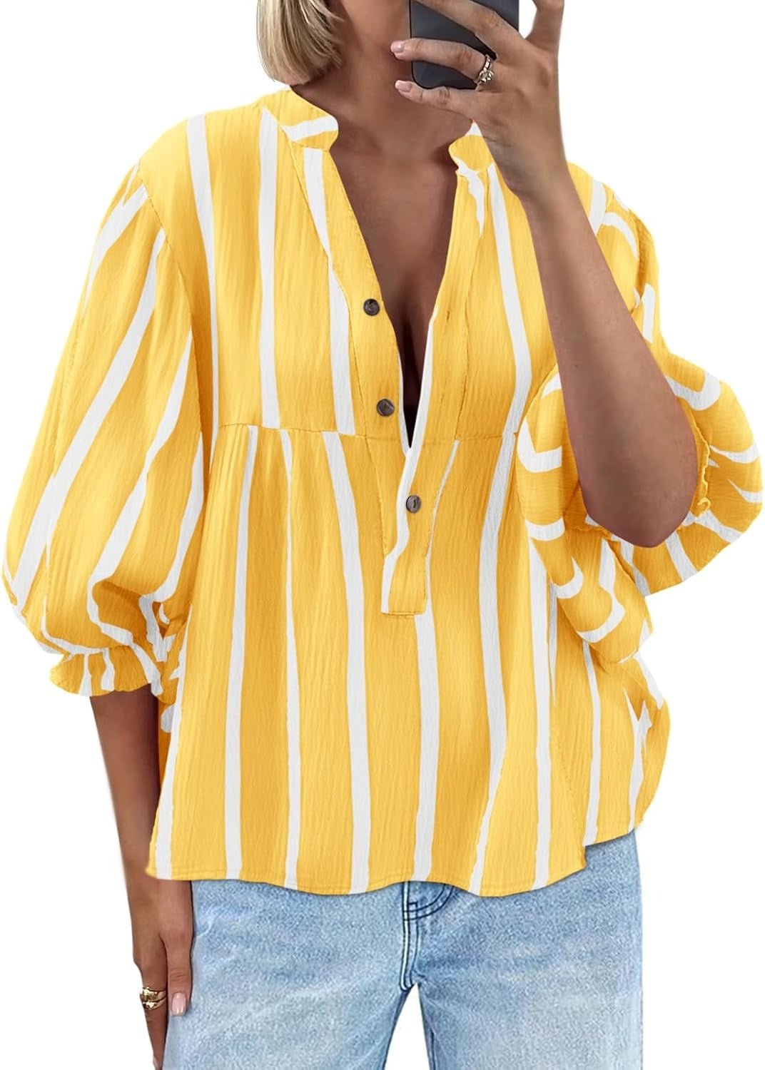 Women's Striped Puff Sleeve Pullover Top | Loose Fit Casual Shirt | Luxury Home Accessories | Heulog Glow