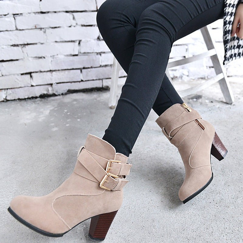 Women's Suede Ankle Boots | High Heel Martin Boots with Buckle & Side Zip | Luxury Home Accessories | Heulog Glow