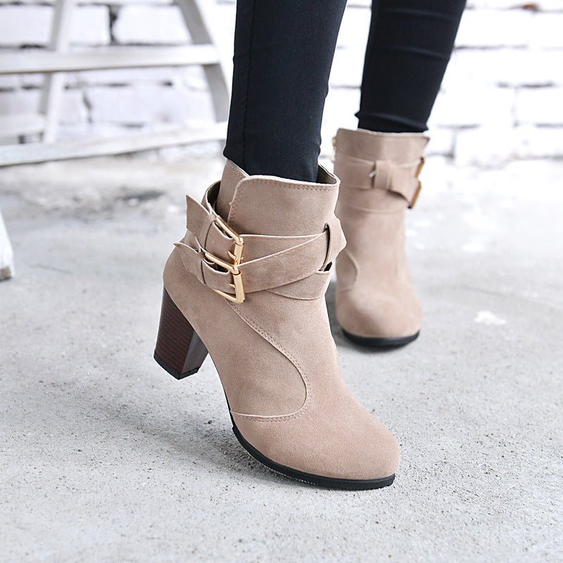 Women's Suede Ankle Boots | High Heel Martin Boots with Buckle & Side Zip | Luxury Home Accessories | Heulog Glow