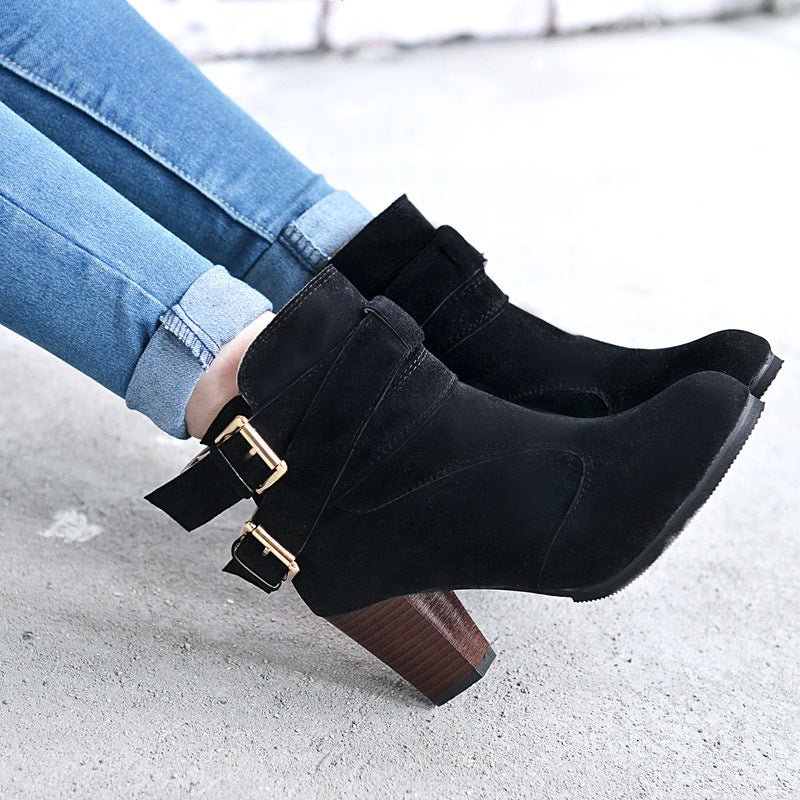 Women's Suede Ankle Boots | High Heel Martin Boots with Buckle & Side Zip | Luxury Home Accessories | Heulog Glow