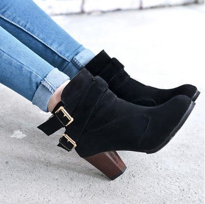 Women's Suede Ankle Boots | High Heel Martin Boots with Buckle & Side Zip | Luxury Home Accessories | Heulog Glow