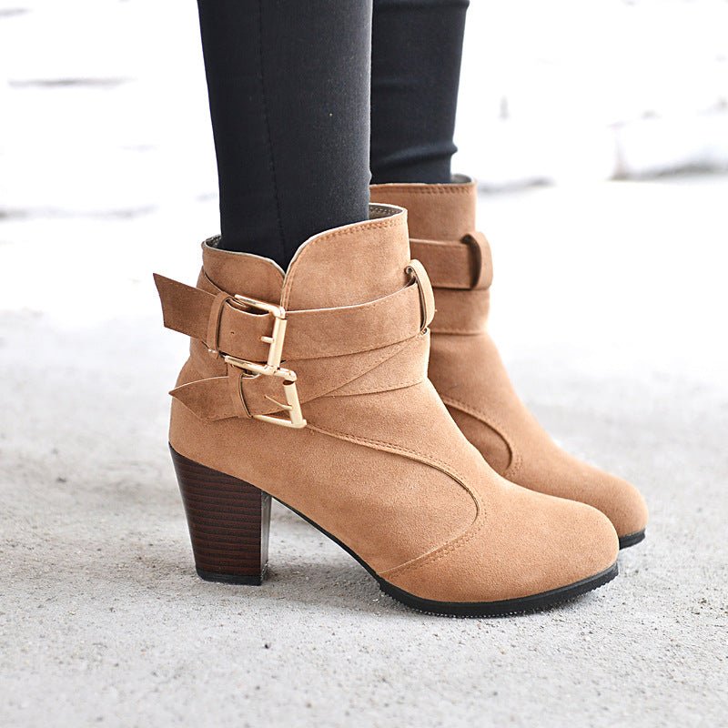 Women's Suede Ankle Boots | High Heel Martin Boots with Buckle & Side Zip | Luxury Home Accessories | Heulog Glow