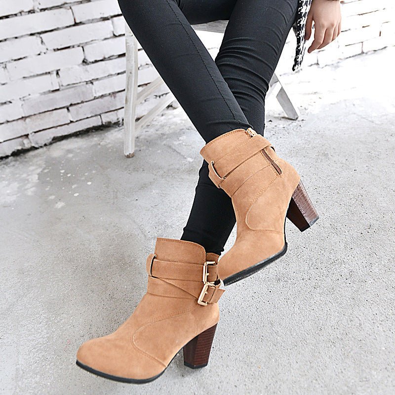 Women's Suede Ankle Boots | High Heel Martin Boots with Buckle & Side Zip | Luxury Home Accessories | Heulog Glow