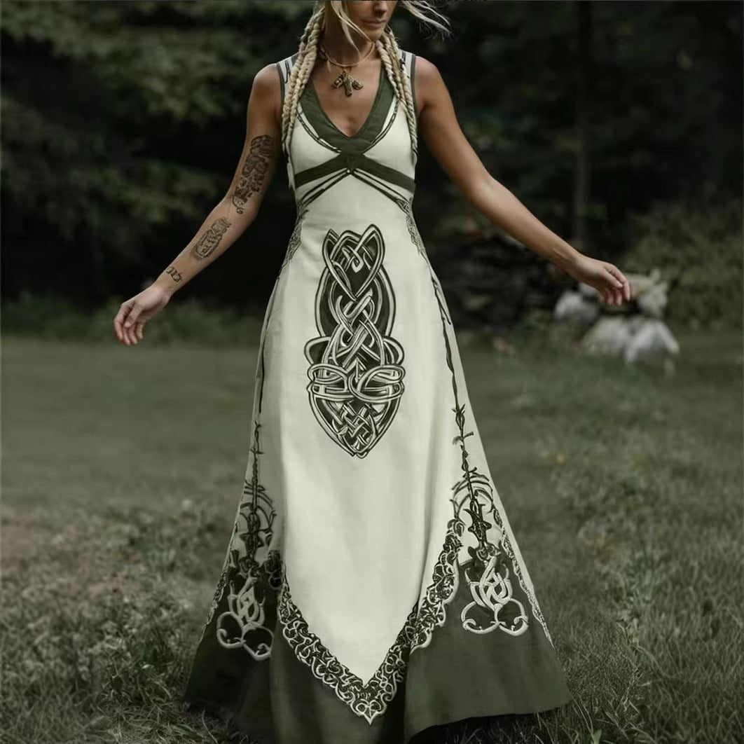 Women's V-Neck Ethnic-style Artistic Sleeveless Printed Dress | Luxury Home Accessories | Heulog Glow