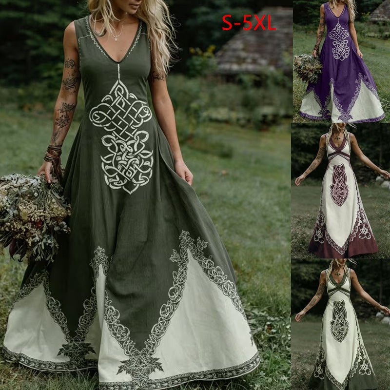Women's V-Neck Ethnic-style Artistic Sleeveless Printed Dress | Luxury Home Accessories | Heulog Glow