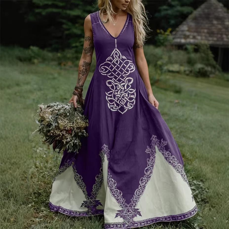 Women's V-Neck Ethnic-style Artistic Sleeveless Printed Dress | Luxury Home Accessories | Heulog Glow