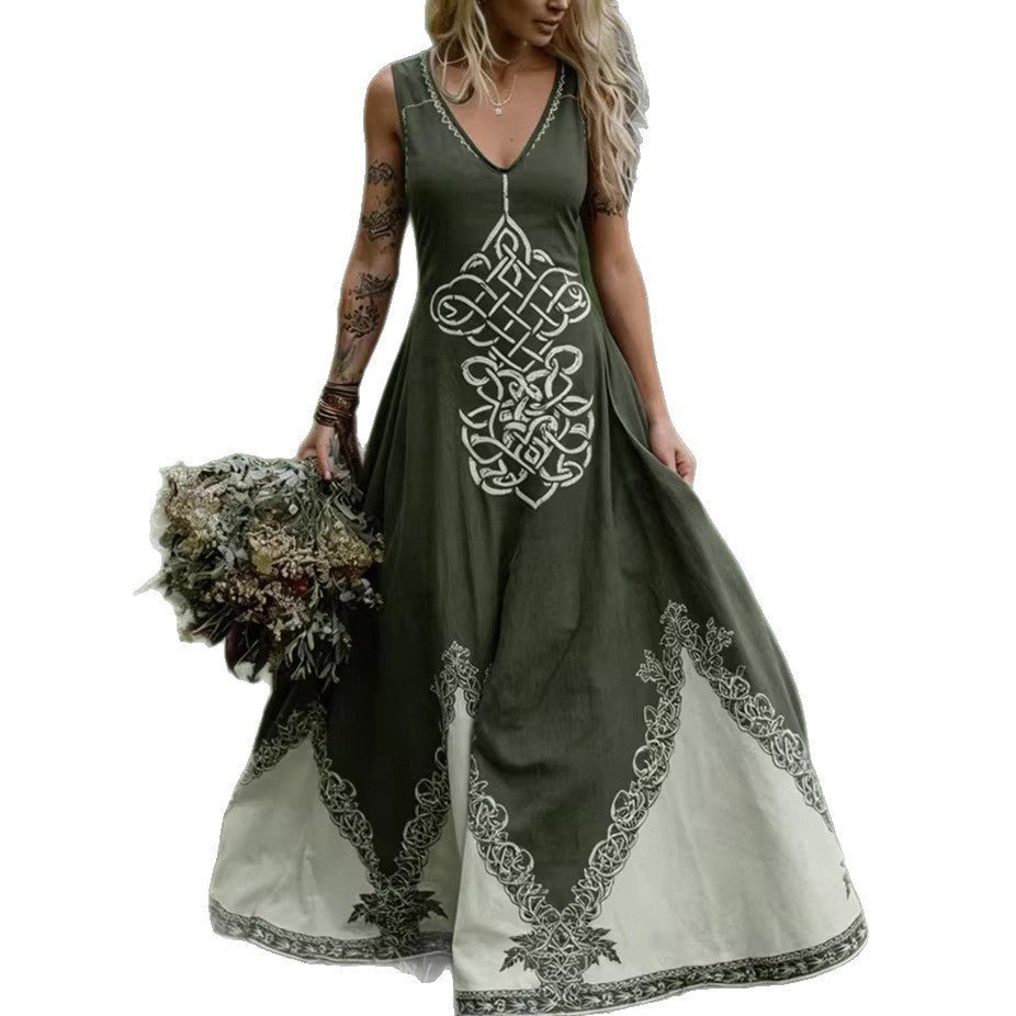 Women's V-Neck Ethnic-style Artistic Sleeveless Printed Dress | Luxury Home Accessories | Heulog Glow