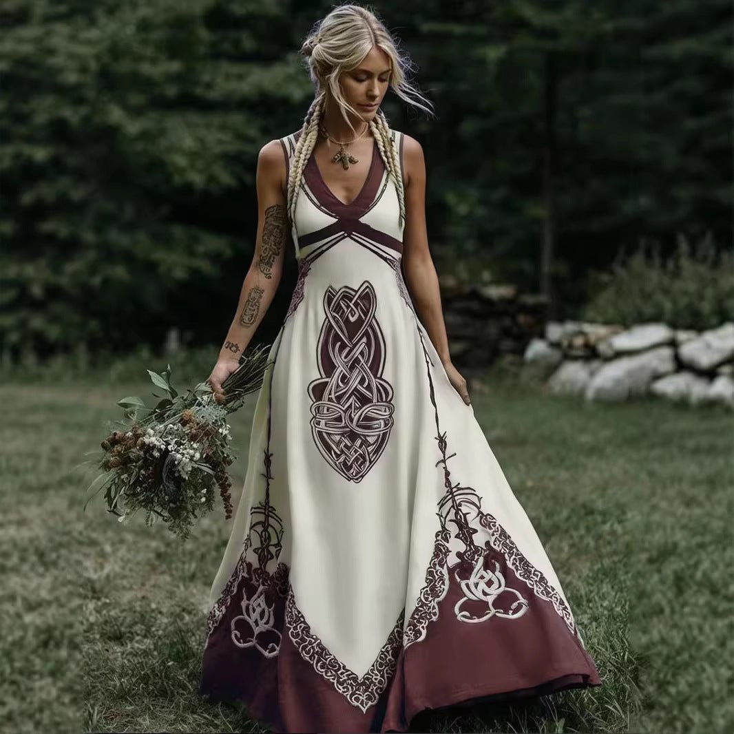 Women's V-Neck Ethnic-style Artistic Sleeveless Printed Dress | Luxury Home Accessories | Heulog Glow