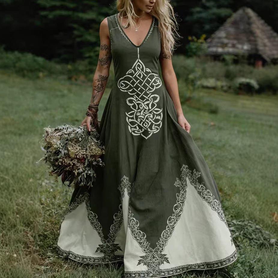 Women's V-Neck Ethnic-style Artistic Sleeveless Printed Dress | Luxury Home Accessories | Heulog Glow