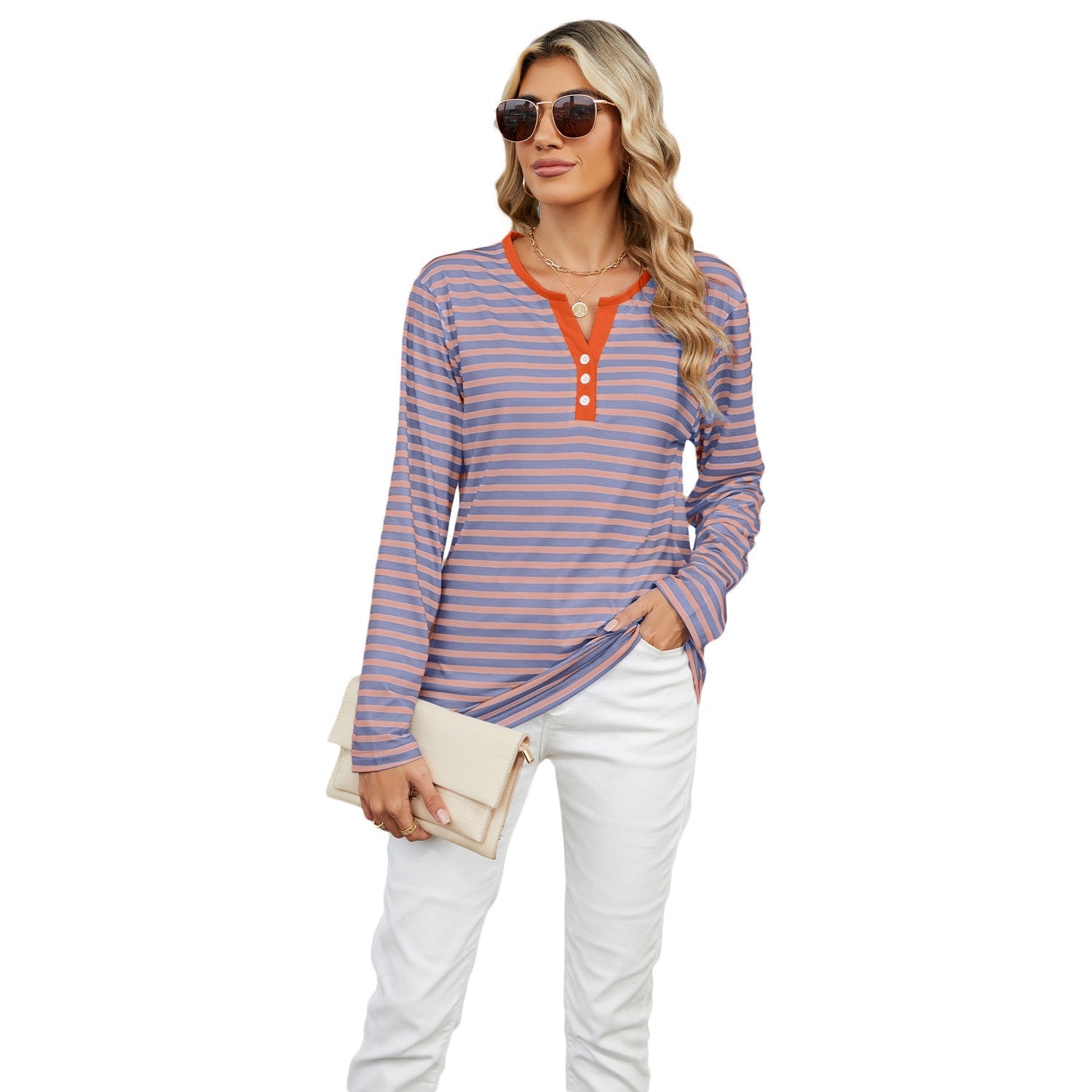 Women's V-neck Striped Loose Long-sleeved T-shirt Top | Luxury Home Accessories | Heulog Glow