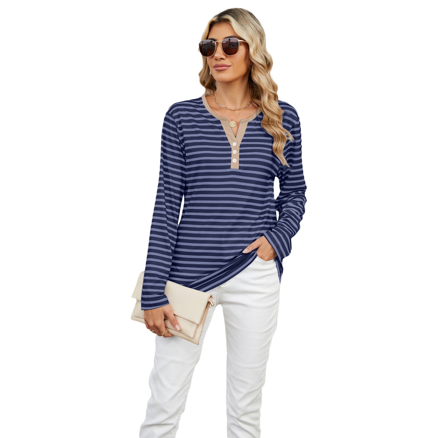 Women's V-neck Striped Loose Long-sleeved T-shirt Top | Luxury Home Accessories | Heulog Glow