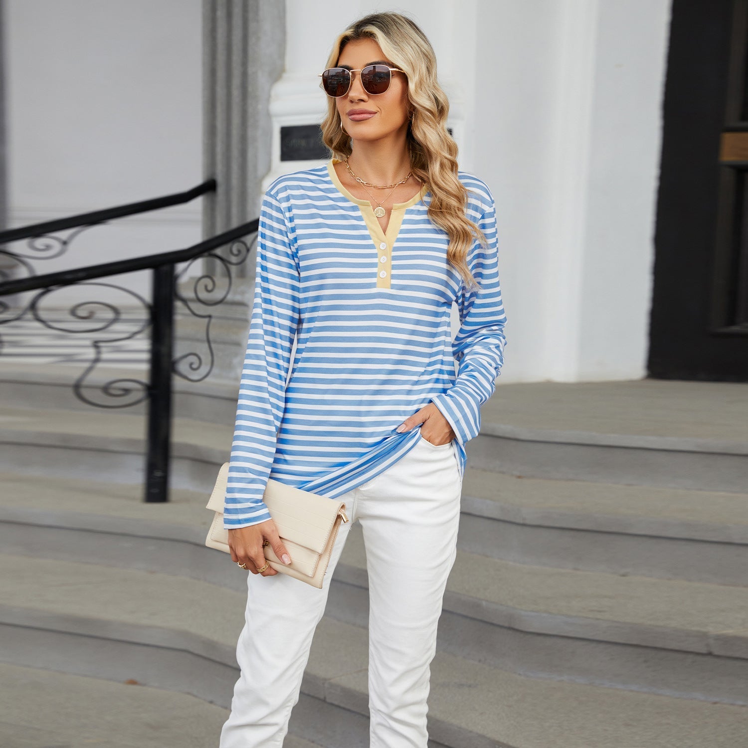 Women's V-neck Striped Loose Long-sleeved T-shirt Top | Luxury Home Accessories | Heulog Glow