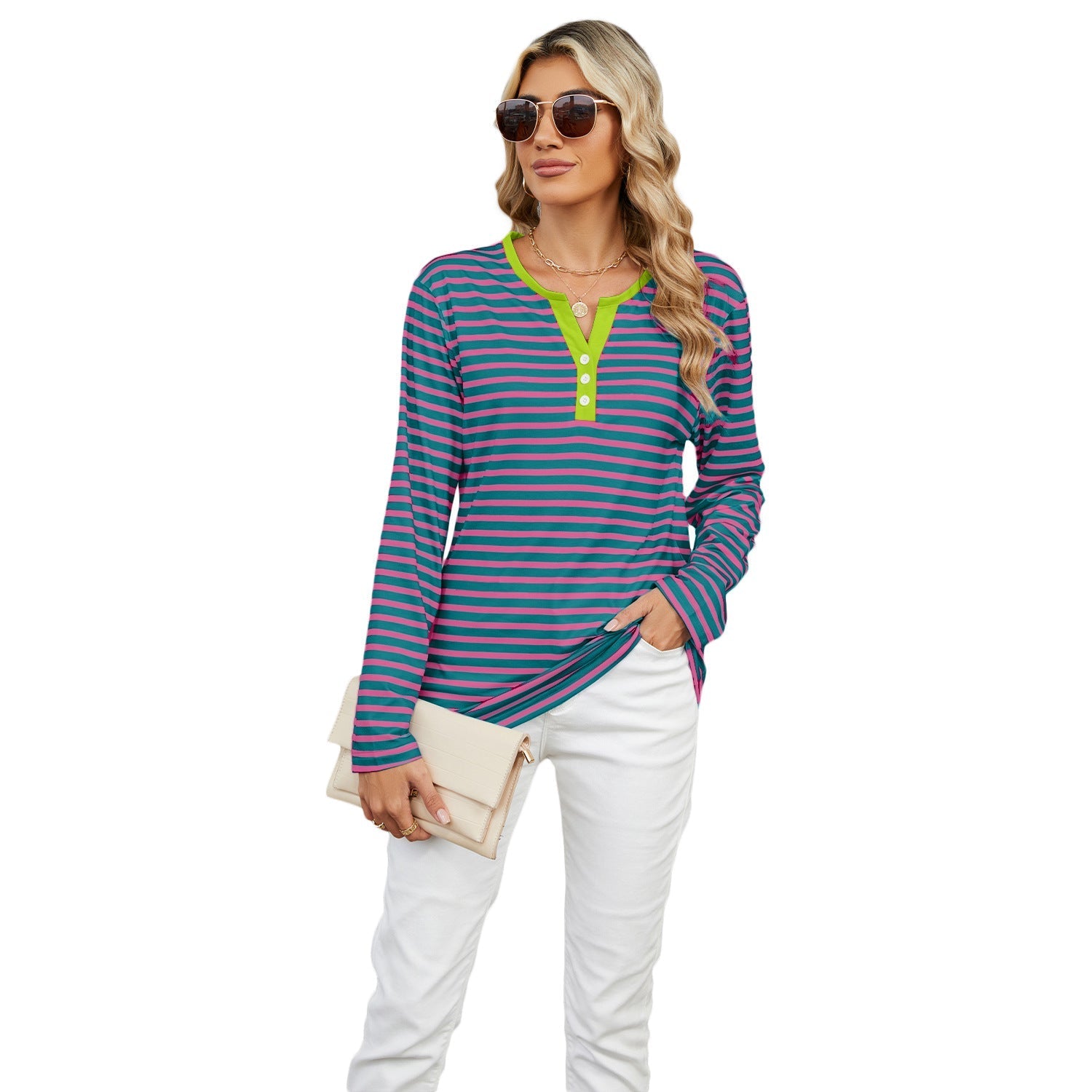 Women's V-neck Striped Loose Long-sleeved T-shirt Top | Luxury Home Accessories | Heulog Glow