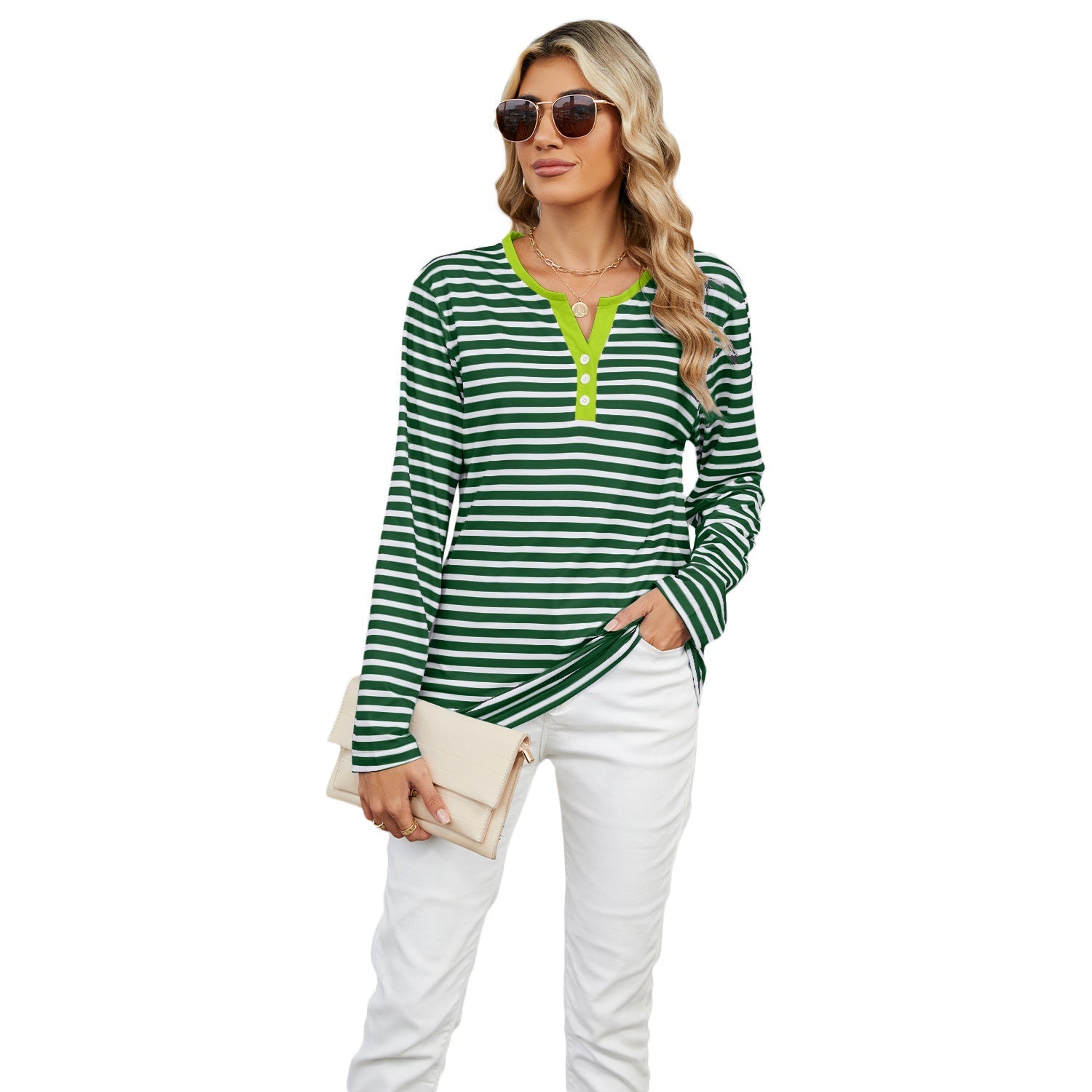 Women's V-neck Striped Loose Long-sleeved T-shirt Top | Luxury Home Accessories | Heulog Glow