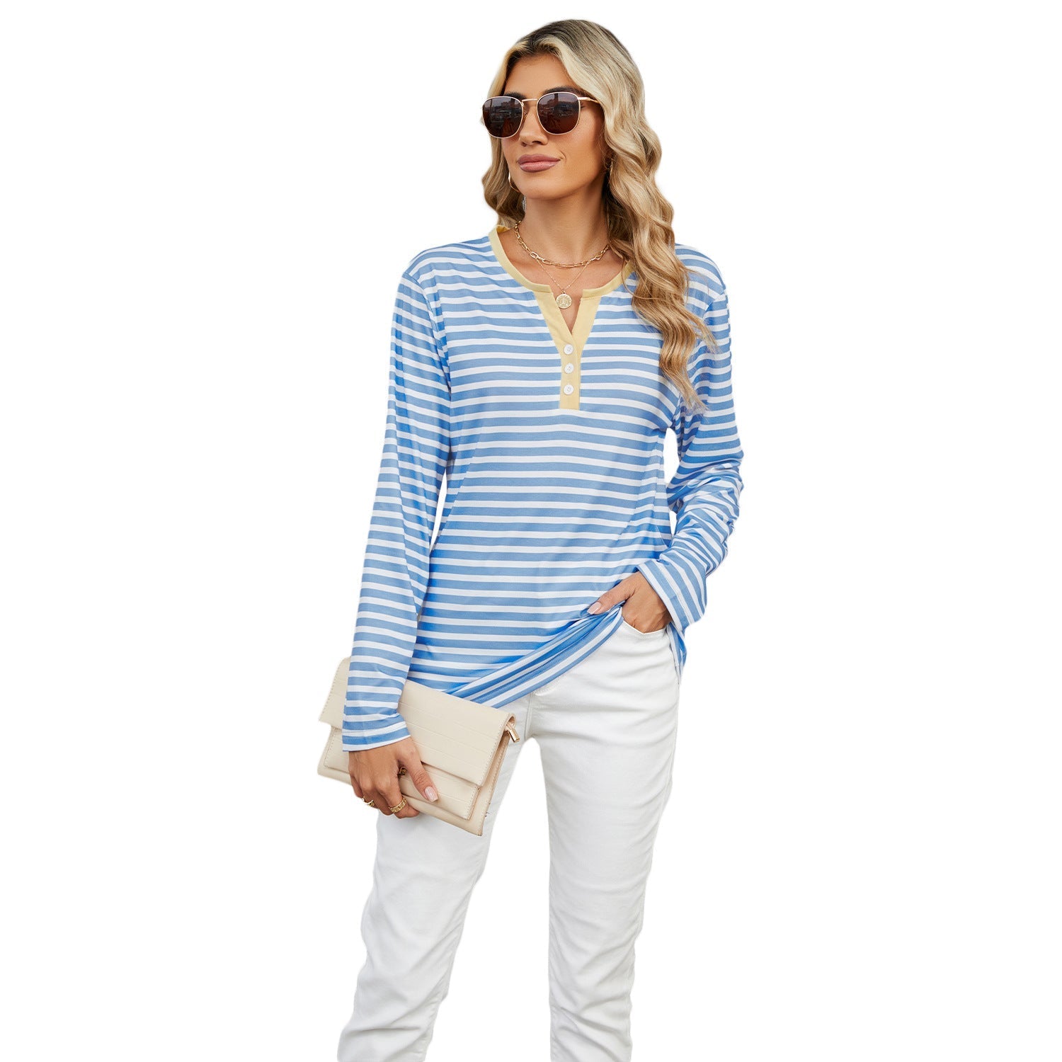 Women's V-neck Striped Loose Long-sleeved T-shirt Top | Luxury Home Accessories | Heulog Glow