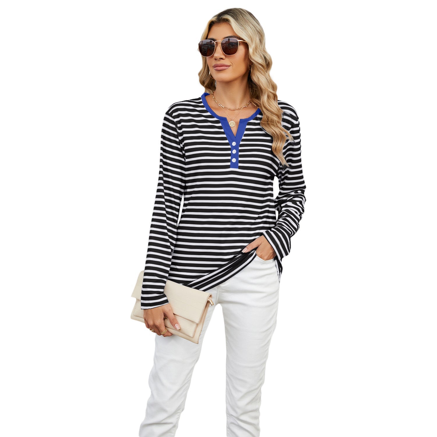Women's V-neck Striped Loose Long-sleeved T-shirt Top | Luxury Home Accessories | Heulog Glow