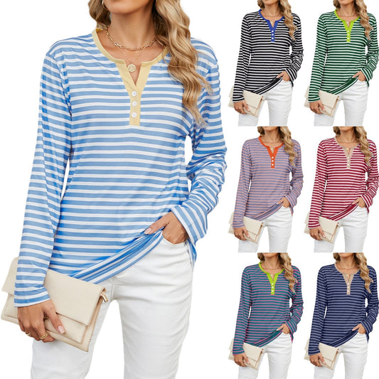 Women's V-neck Striped Loose Long-sleeved T-shirt Top | Luxury Home Accessories | Heulog Glow