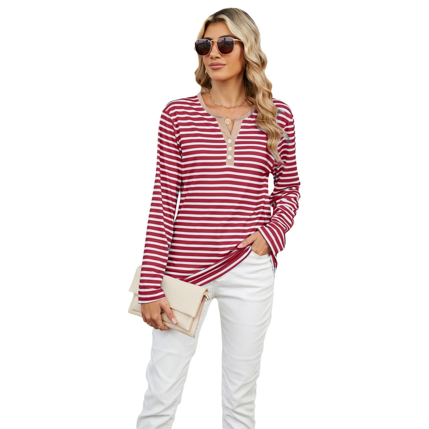 Women's V-neck Striped Loose Long-sleeved T-shirt Top | Luxury Home Accessories | Heulog Glow