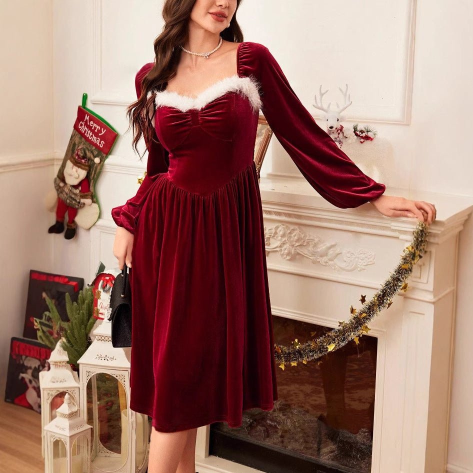 Women's Vintage Christmas Party Long Sleeve Red Velvet Dress Square Collar Dress Elegant Slimming Waist Autumn Women's Clothing | Luxury Home Accessories | Heulog Glow