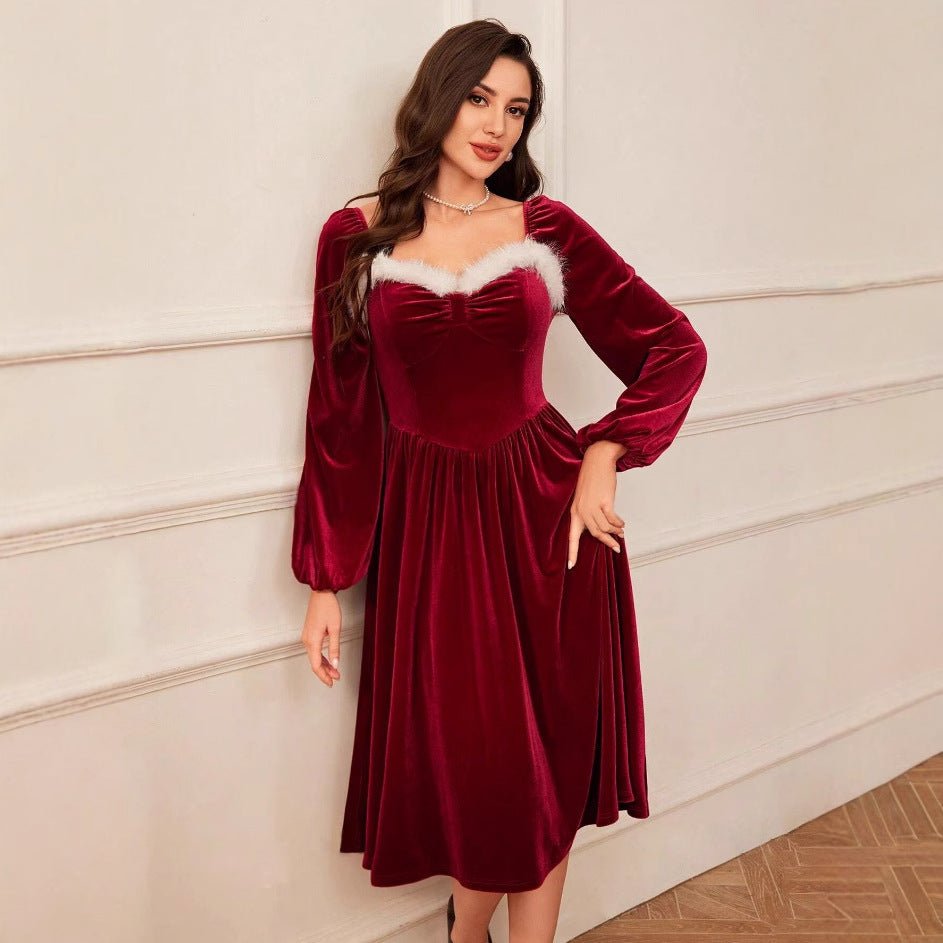 Women's Vintage Christmas Party Long Sleeve Red Velvet Dress Square Collar Dress Elegant Slimming Waist Autumn Women's Clothing | Luxury Home Accessories | Heulog Glow