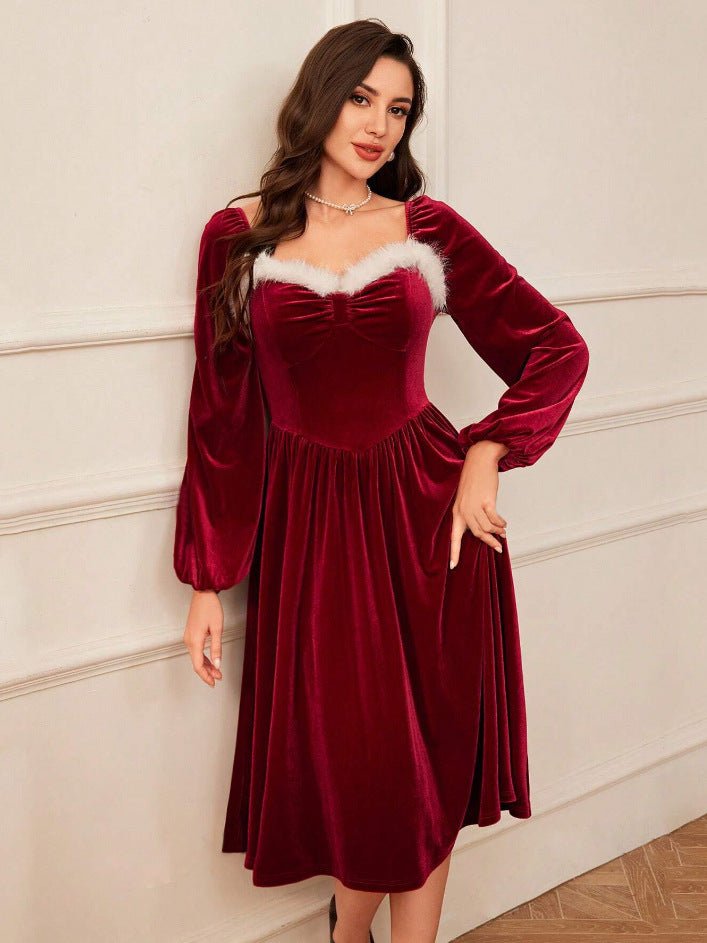 Women's Vintage Christmas Party Long Sleeve Red Velvet Dress Square Collar Dress Elegant Slimming Waist Autumn Women's Clothing | Luxury Home Accessories | Heulog Glow