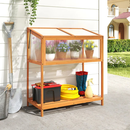 Wood Cold Frame Greenhouse with Slatted Storage Shelf-Orange