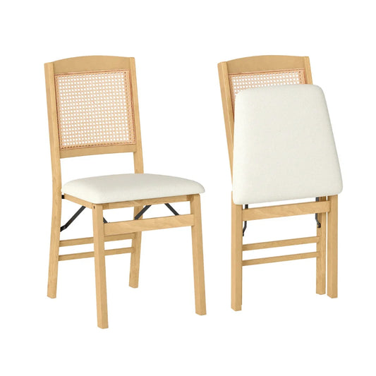 Wooden Folding Chairs Set of 2 Rustic Rubber Wood Dining Chairs with Linen Padded Seat-Brown