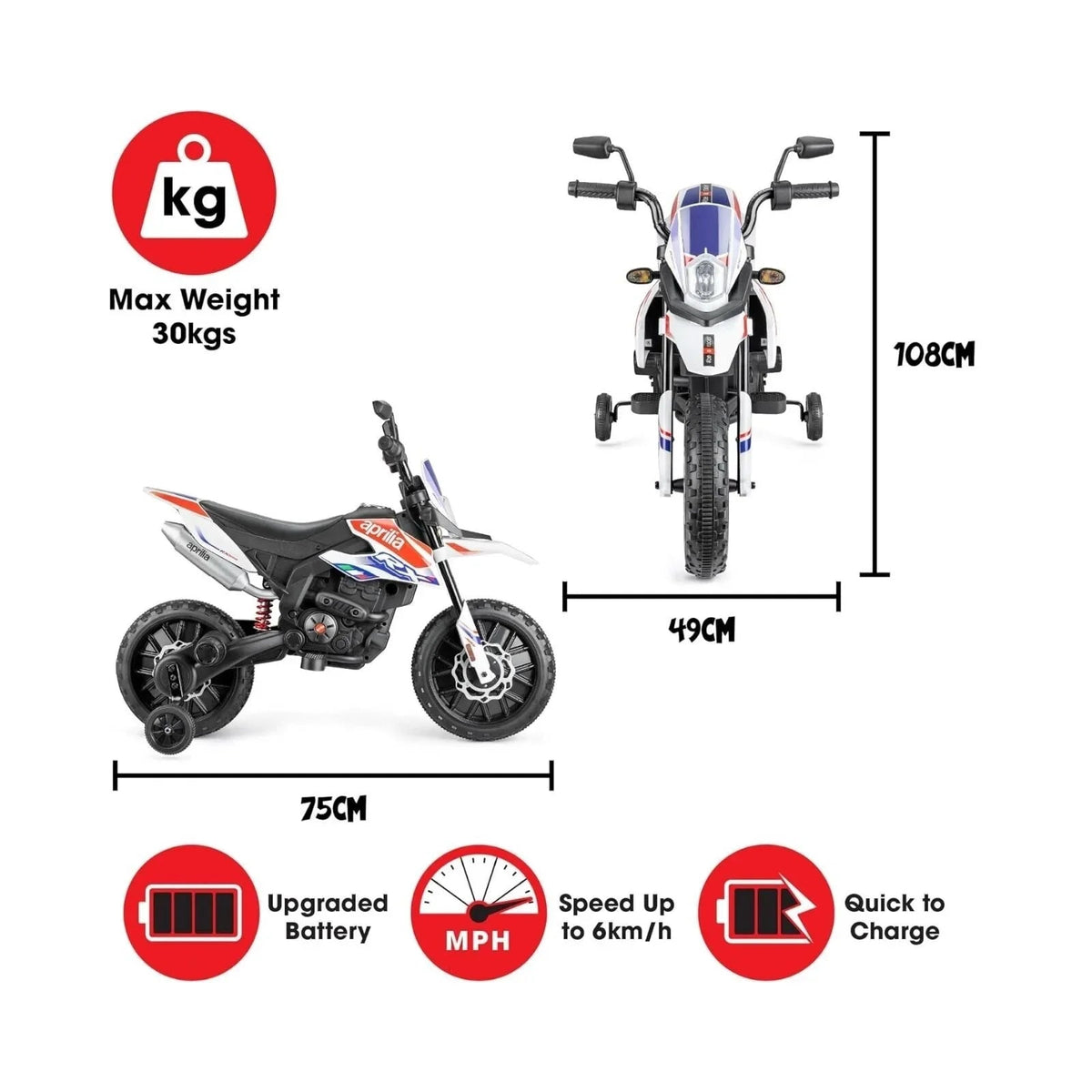 Xootz Aprilia 12V Electric Motorbike Ride On with Lithium Battery - White | Luxury Home Accessories | Heulog Glow
