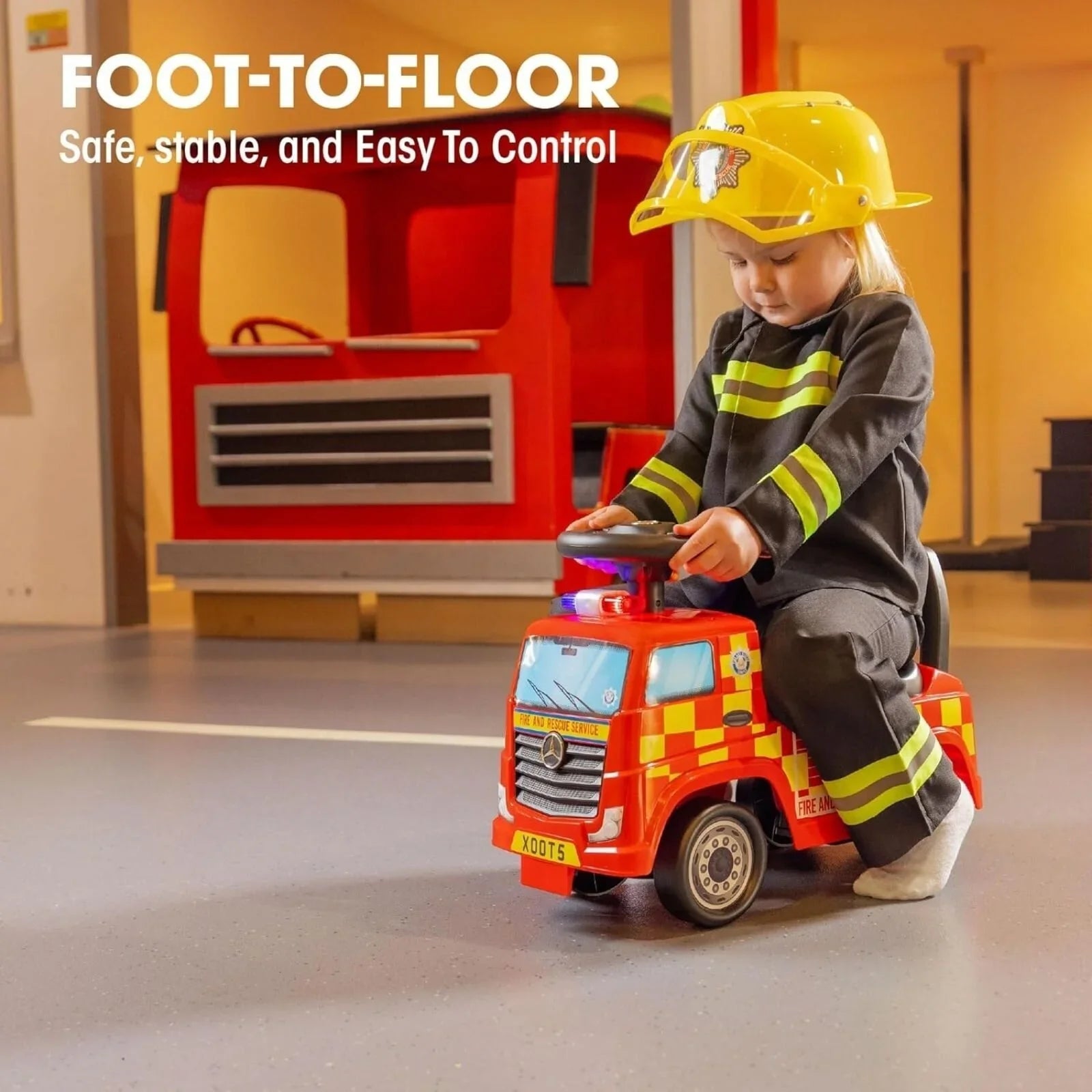 Xootz Mercedes-Benz Fire Engine Foot-to-Floor Ride On - Red | Luxury Home Accessories | Heulog Glow