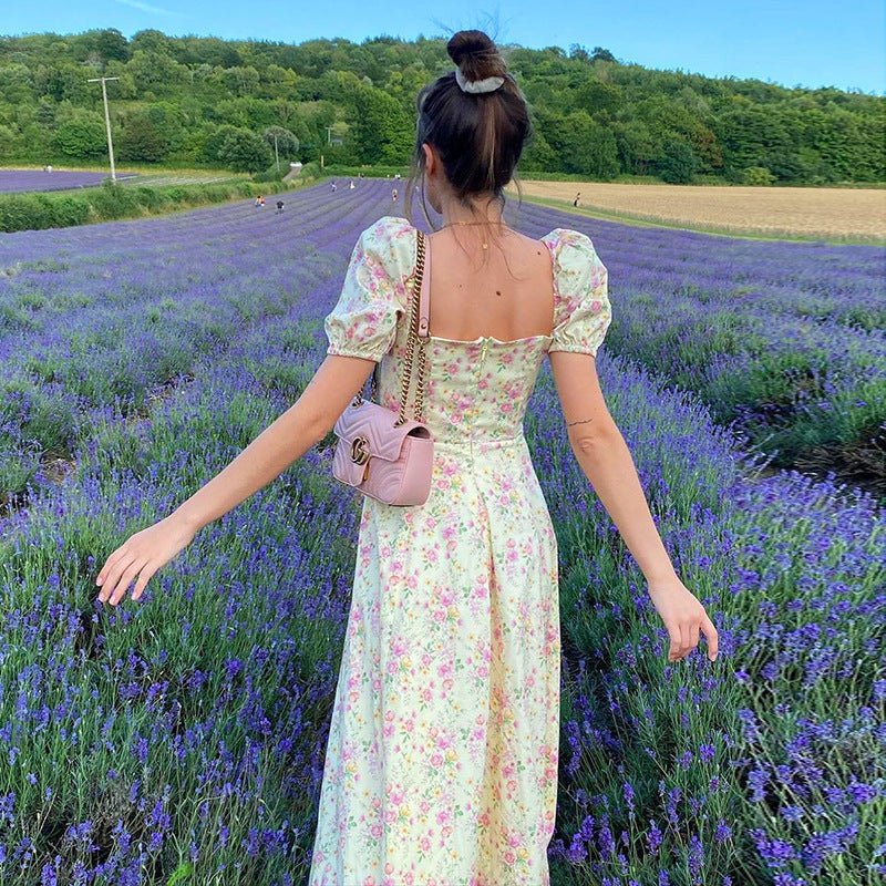 Yissang Floral Print Puff Short Sleeve Women Dress High Split Party Long Dresses Elegant Lace Up | Luxury Home Accessories | Heulog Glow