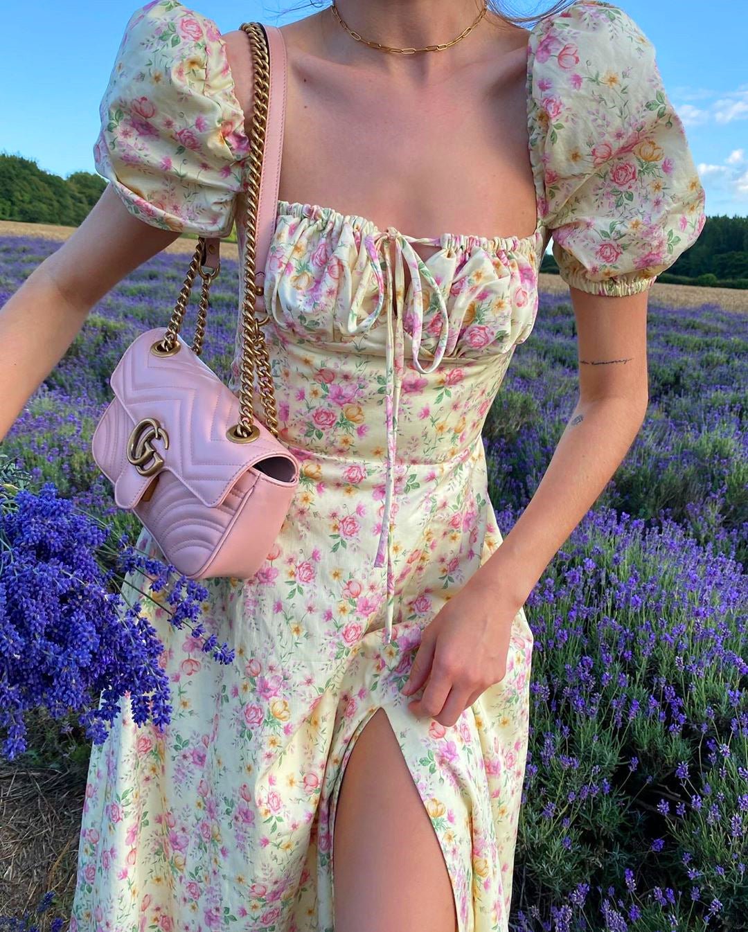 Yissang Floral Print Puff Short Sleeve Women Dress High Split Party Long Dresses Elegant Lace Up | Luxury Home Accessories | Heulog Glow