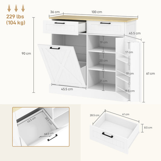 HOMCOM Sideboard with Tilt-out Trash Bin, Farmhouse Kitchen Sideboard with 2 Drawers, Adjustable Shelves, Door Racks, White